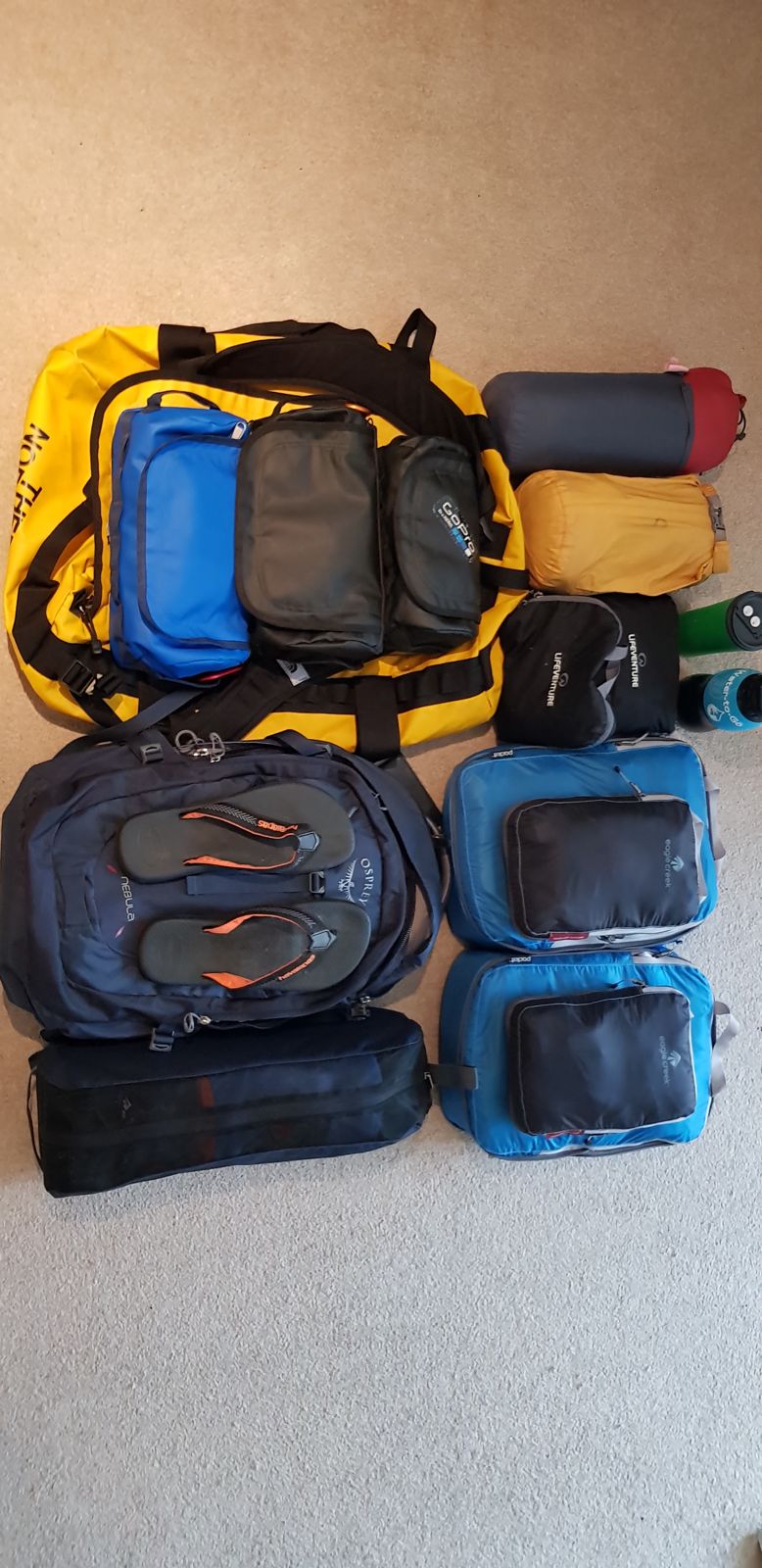 Everything packed into the duffel, daypack and packing cubes