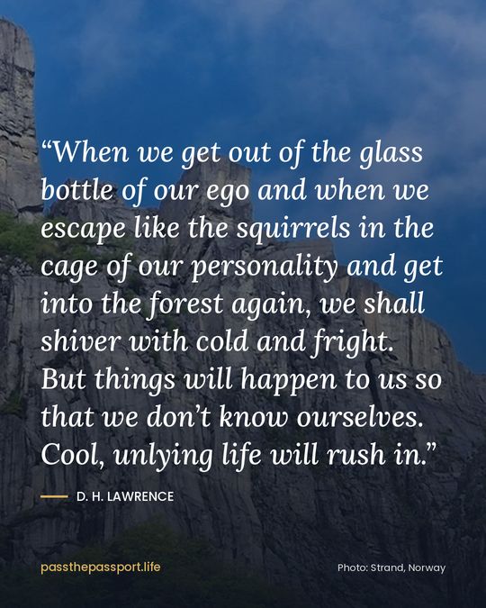 “When we get out of the glass bottle of our ego and when we escape like the squirrels in the cage of our personality and get into the forest again, we shall shiver with cold and fright. But things will happen to us so that we don’t know ourselves. Cool, unlying life will rush in.” — D. H. Lawrence