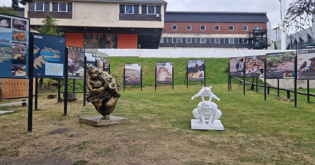 Outdoor exhibition boards and white and bronze sculptures on a lawn in front of buildings.