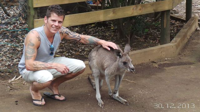 A man crouching to stroke a kangaroo inside a wooden enclosure.