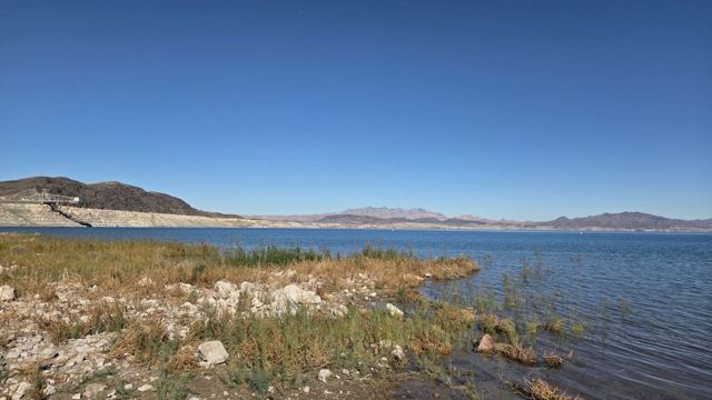 Calm blue lake with grassy foreground and pale desert mountains under a clear sky.