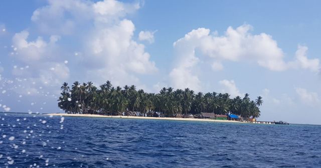 A small palm-covered island on deep blue sea beneath white clouds.