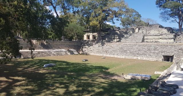 A grassy plaza surrounded by stone Mayan structures and large shade trees.