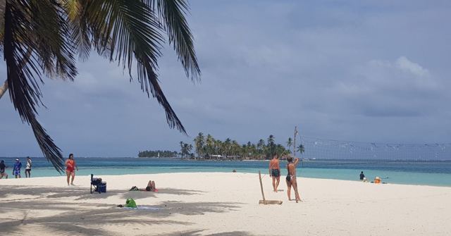 A white sand beach with a few people, a leaning palm and a small island offshore.