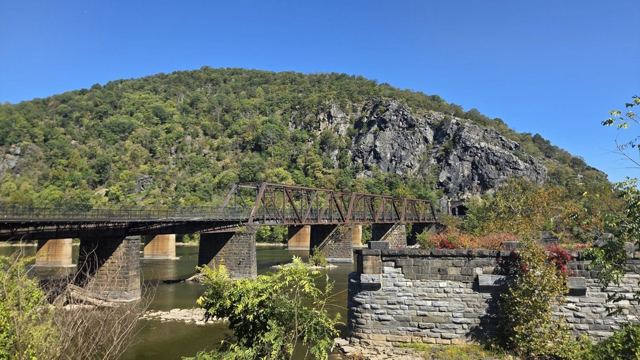 An iron railway bridge in front of a steep forested mountain with a rock face under clear sky.