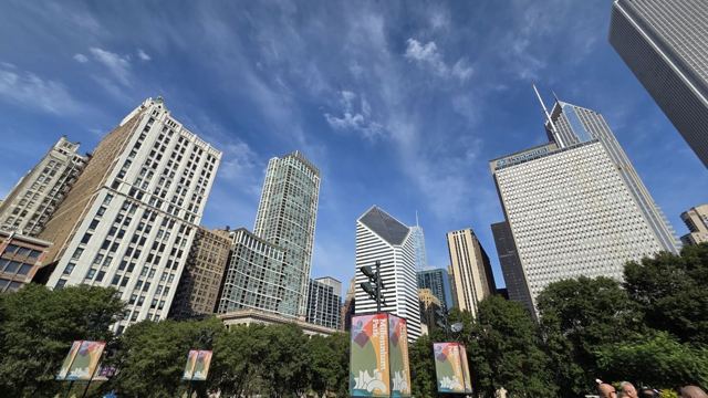 Wide-angle view of tall Chicago skyscrapers above trees and banners under a blue sky.