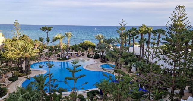 Hotel garden with palm trees and a large blue swimming pool overlooking the sea.