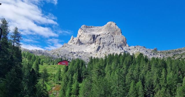 A massive pale rock peak above a dense pine forest with a small red-roofed building.