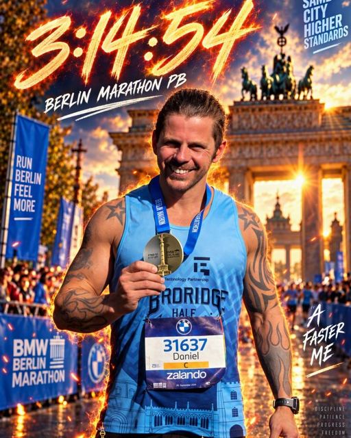 Stylised poster of a smiling runner holding a medal before the Brandenburg Gate, with 3:14:54 Berlin Marathon PB text.