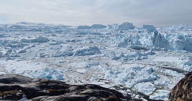 A vast field of jagged white and blue ice filling a fjord, with dark rocks in front.