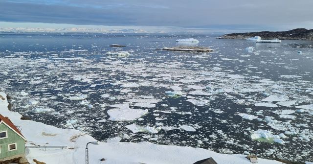 Broken sea ice floating in dark water beside a snowy shore with a green house.
