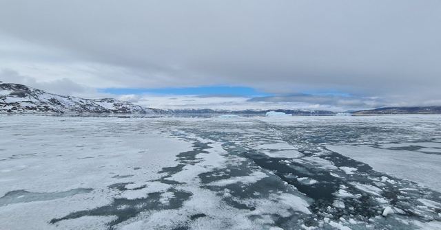 A wide expanse of cracked sea ice under a grey sky with low snowy hills on the horizon.