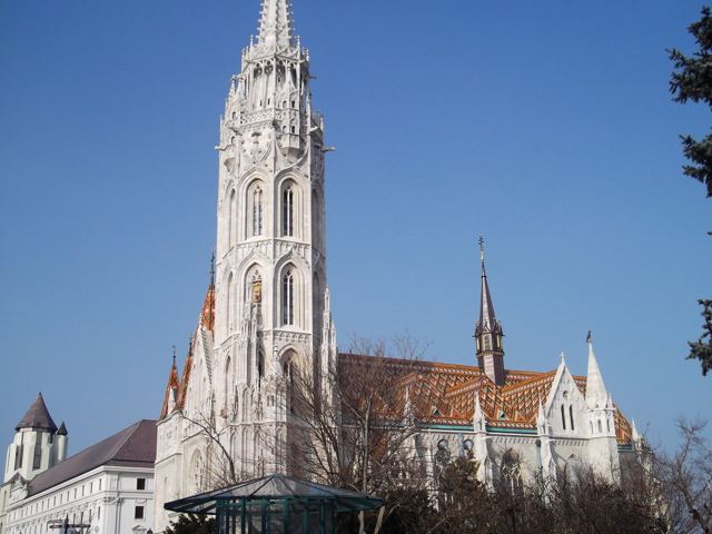 The white spire of Matthias Church in Budapest.