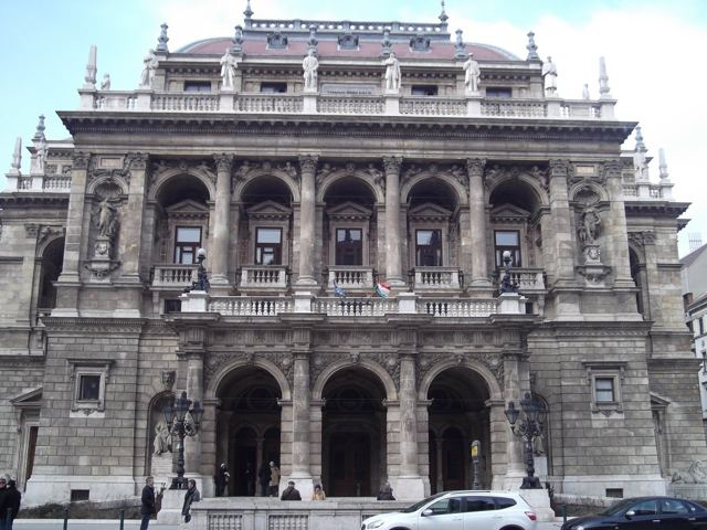 The ornate facade of the Hungarian State Opera House.