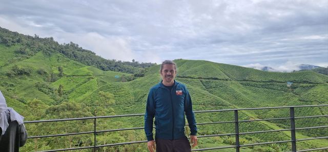 A man standing at a railing above hills covered in tea bushes.
