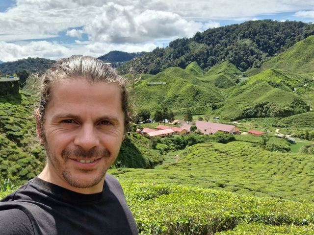 A smiling man taking a selfie above rolling green tea plantations.