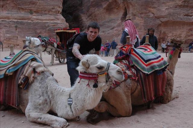 A man crouching between two resting camels with colourful saddles in a canyon at Petra.