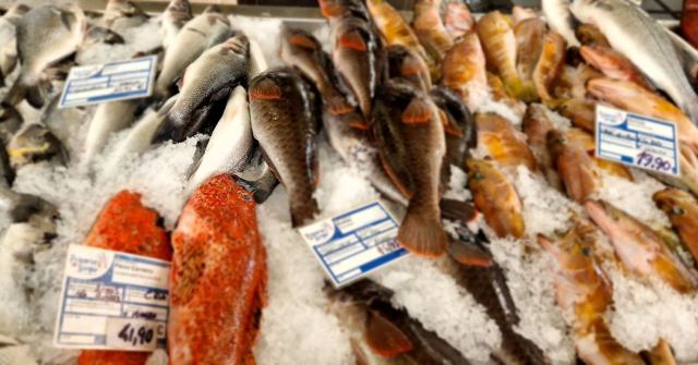Fresh fish of various colours laid out on ice at a market stall with price labels.