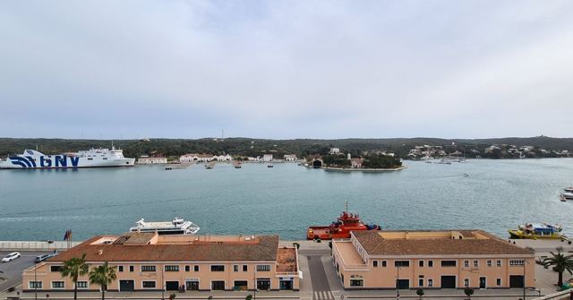 A view across a large harbour with waterfront buildings and moored ferries under a pale sky.