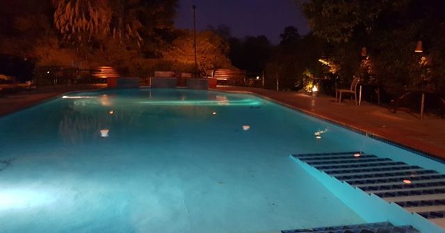 A softly lit swimming pool at night surrounded by trees.