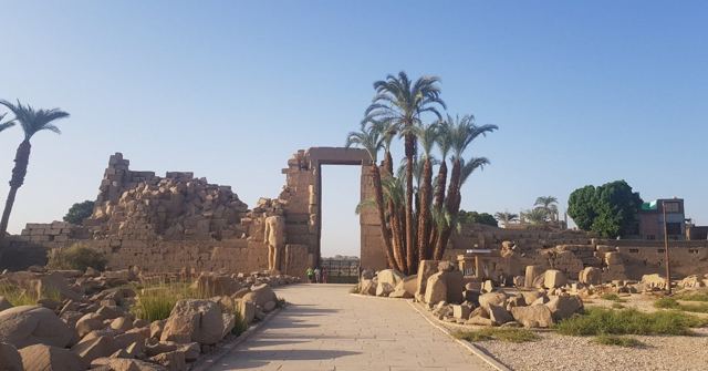 A paved path leading to an ancient stone gateway flanked by palm trees and scattered ruins.