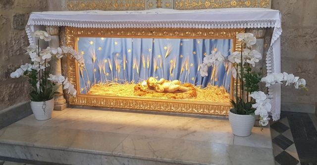 A gilded nativity display behind glass, framed by white orchids and a white canopy.