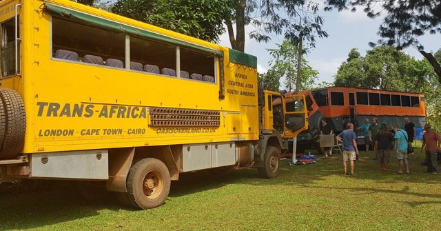 A yellow Trans-Africa overland truck parked on grass beside another truck under trees.