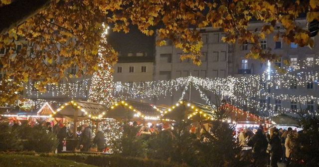 Christmas market stalls and a lit tree under trees strung with fairy lights at night.