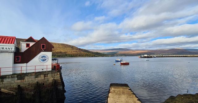 A calm harbour with a small jetty, moored boats and a red-roofed building under a blue sky.