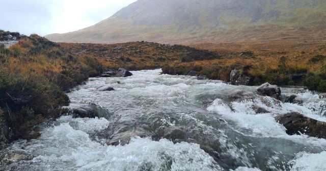 White water rushing between rocks below misty, autumn-coloured hills.