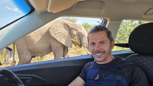 A man smiling from the driver's seat with an elephant just outside the window.