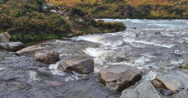 A rocky river rushing over boulders between banks of autumn bracken.