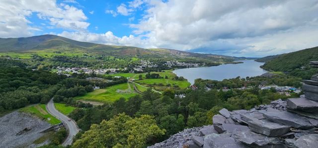 Green valleys and a lake in Snowdonia.