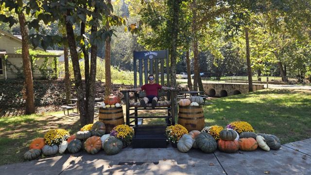 An autumn display of pumpkins, gourds and barrels on a lawn under shady trees.