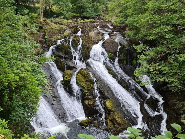 A multi-tiered waterfall cascading over dark rocks surrounded by lush green trees.