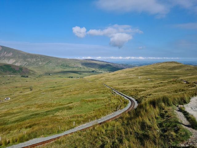 A narrow track curving around a grassy hillside under a blue sky with scattered clouds.