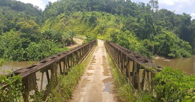 A narrow single-lane iron bridge over a river leading into dense green jungle.