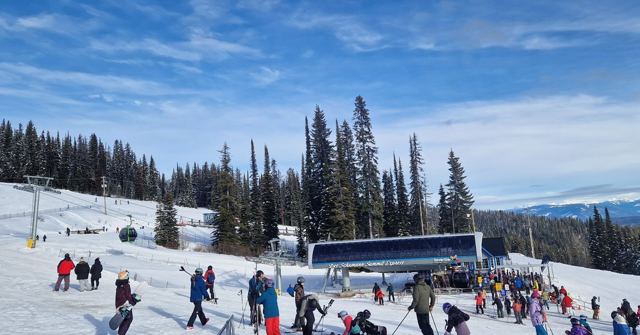 Skiers gathering near a chairlift on a sunny snowy slope surrounded by tall evergreen trees.